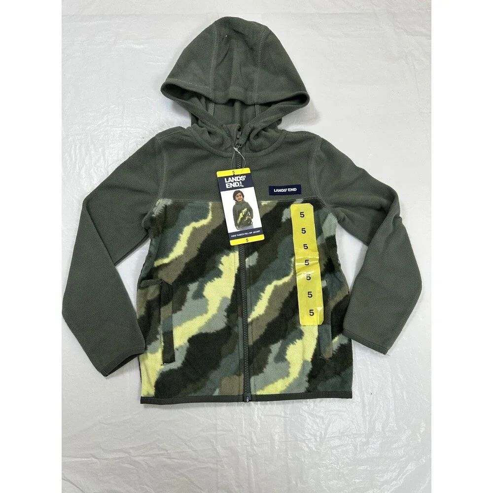 Lands End Green Camo Full Zip Fleece Jacket Boy's Size 5 NWT